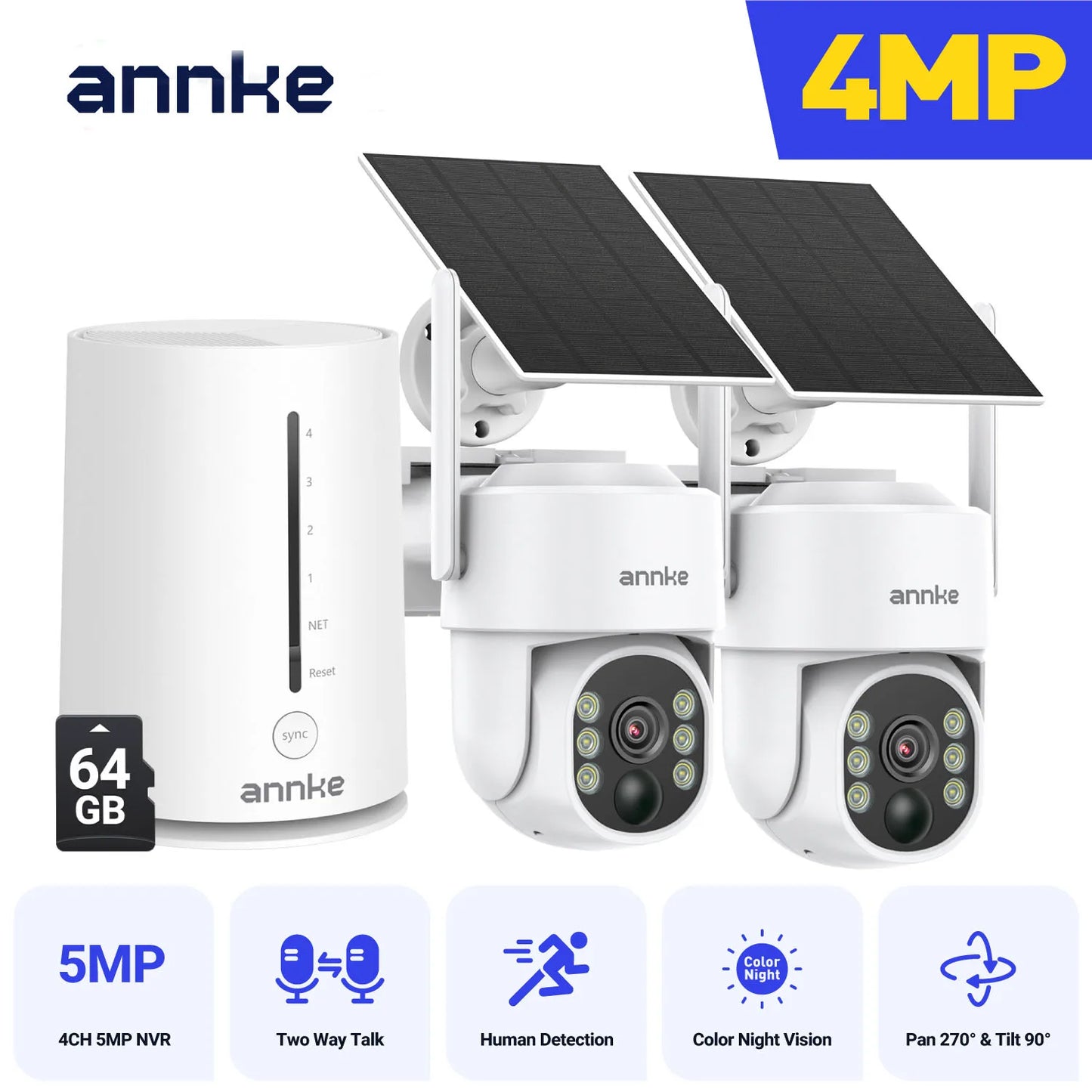 ANNKE 4MP Solar Wireless Camera System | 4CH NVR, Color Night Vision, Dual‑Band WiFi