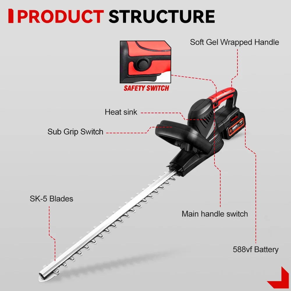 ONEVAN 2000W Cordless Hedge Trimmer Electric Household Trimmer Pruning Saw Rechargeable Hedge Trimmer For 21V 18v Battery