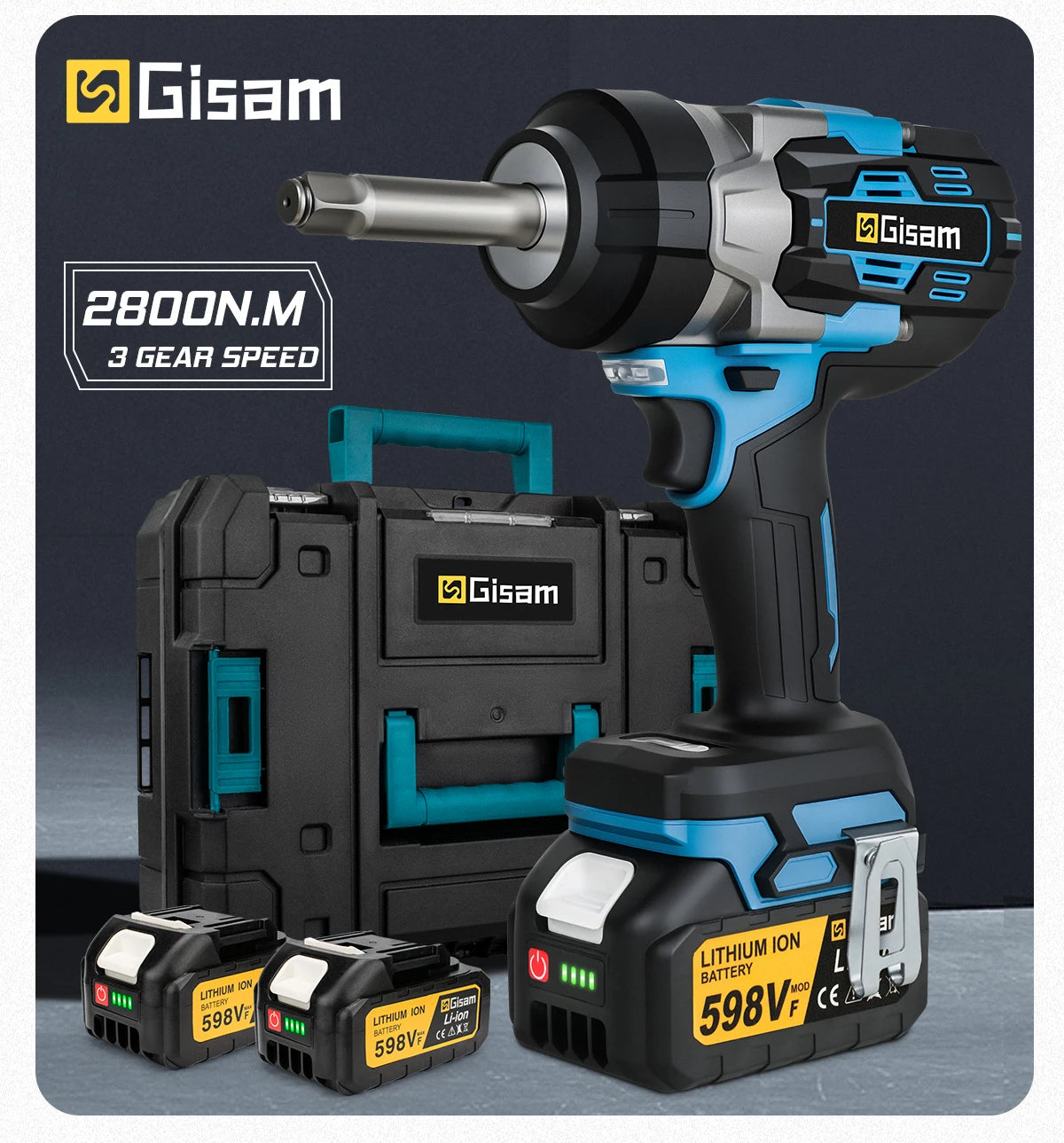 Gisam 2800N.m Brushless Extended Anvil Impact Wrench 1/2"