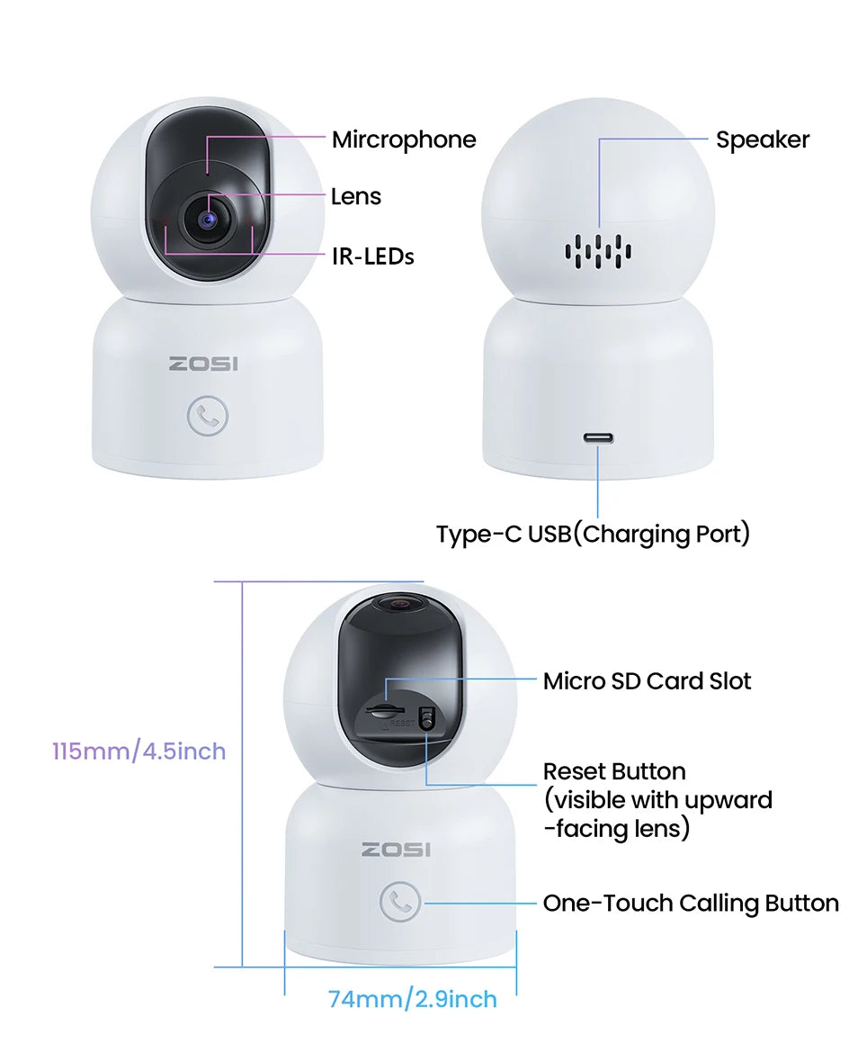 ZOSI 360° PTZ Smart Home Security Camera – Auto‑Tracking Indoor WiFi Baby & Pet Monitor with AI Detection & HD Night Vision