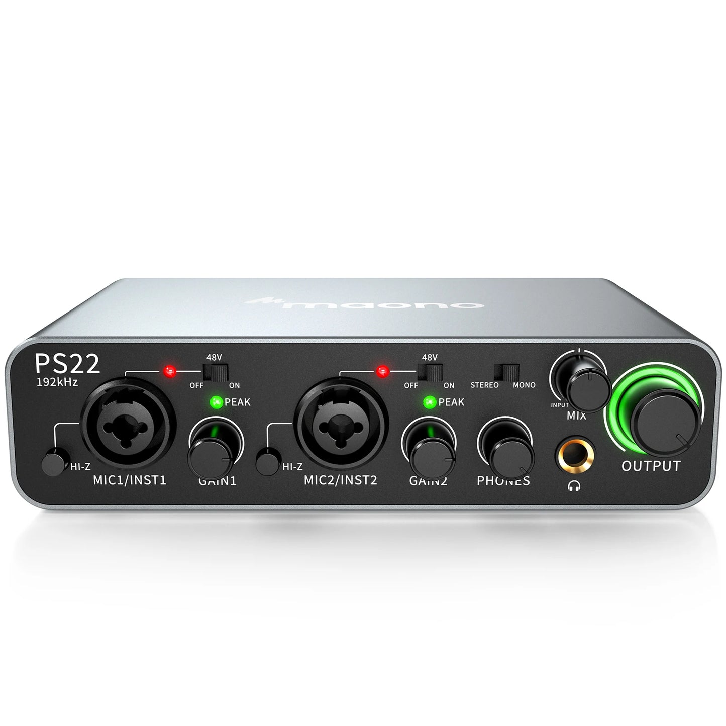Maono PS22 – USB Audio Interface 24‑bit/192 kHz | 60 dB Pro Preamp, Dual USB, Low‑Noise Recording for Home Studio, Podcast & Streaming