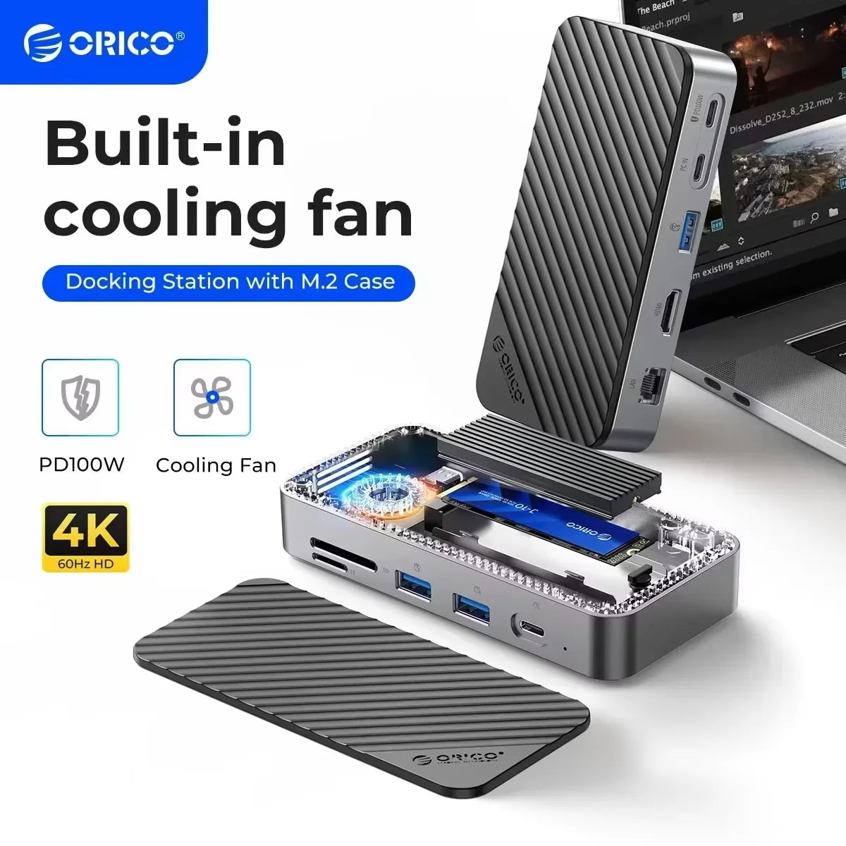 ORICO USB‑C Hub with Cooling Fan, M.2 NVMe/SATA SSD Enclosure