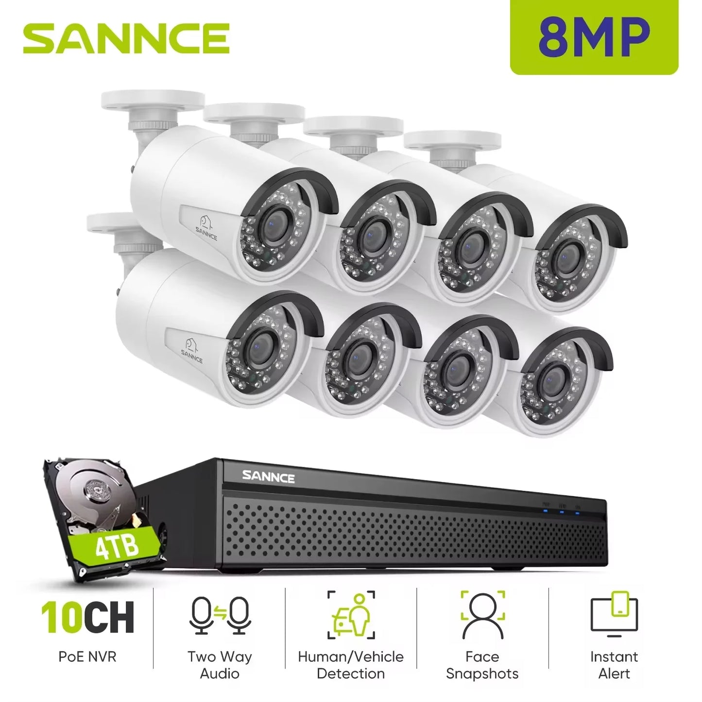 SANNCE 8CH 8MP PoE NVR System | 5MP IP66 Cameras, IR‑CUT Night Vision, Wired CCTV Kit