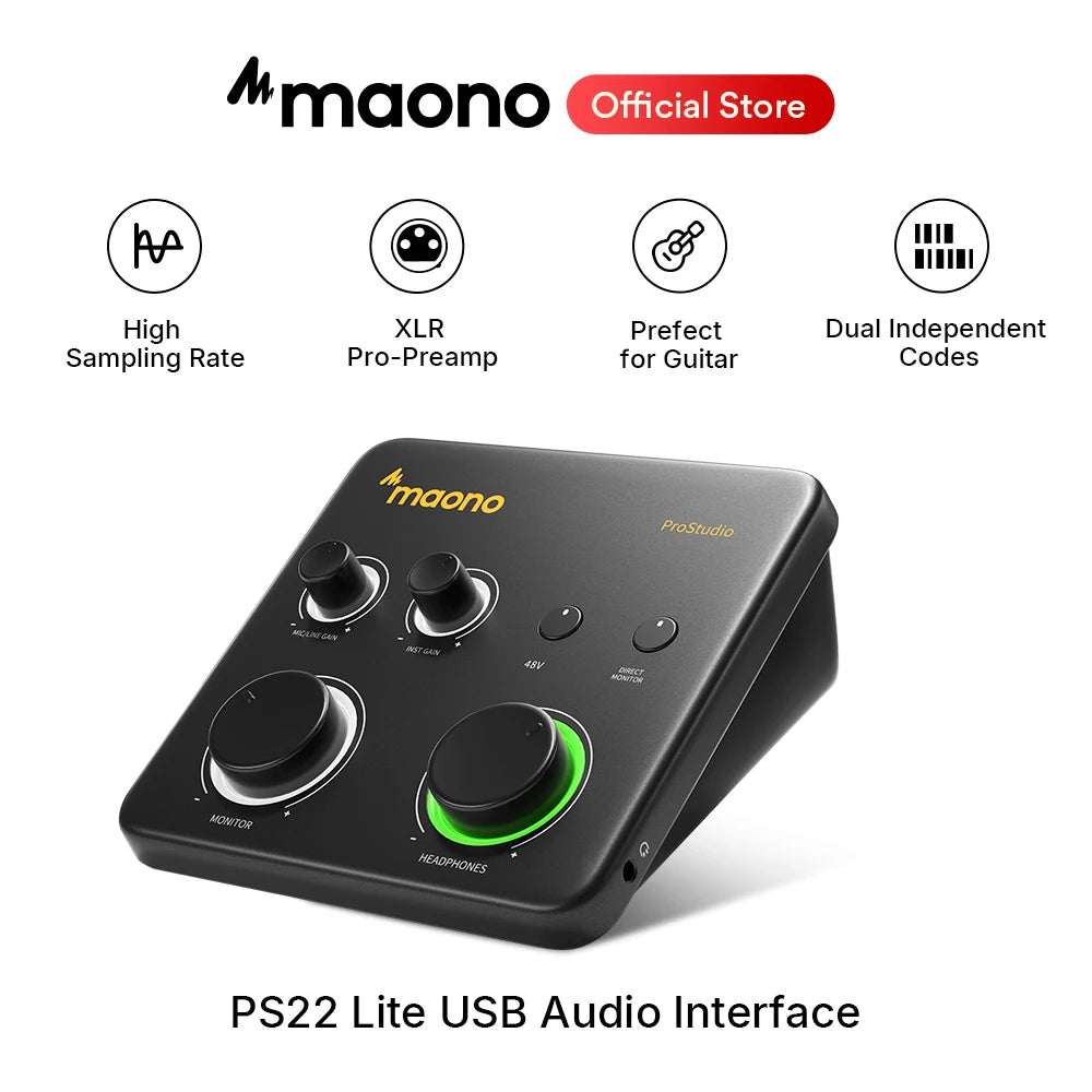 Maono PS22 Lite – USB Audio Interface 24‑bit/192 kHz | XLR Input, Loopback, ASIO Support, DAW Compatible for Music, Guitar & Recording