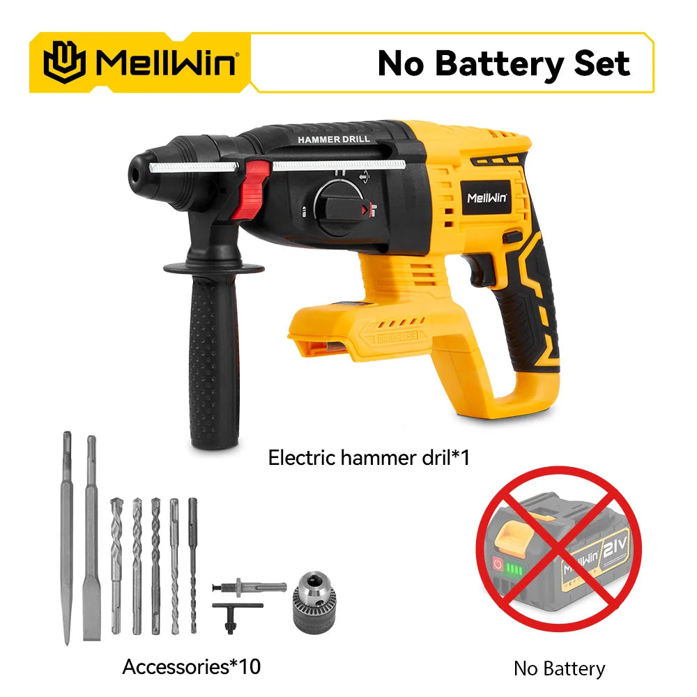 MELLWIN 3 in 1 Brushless Electric Hammer Drill Multifunction Impact Hammer for Steel Concrete Wood For Makita 18V Battery Pin - Limetastore