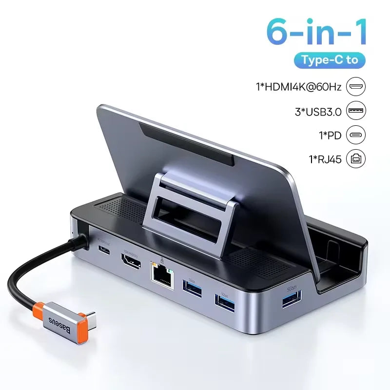 Baseus 6‑in‑1 USB‑C Docking Station | HDMI 4K@60Hz, RJ45, USB 3.0, PD 100W