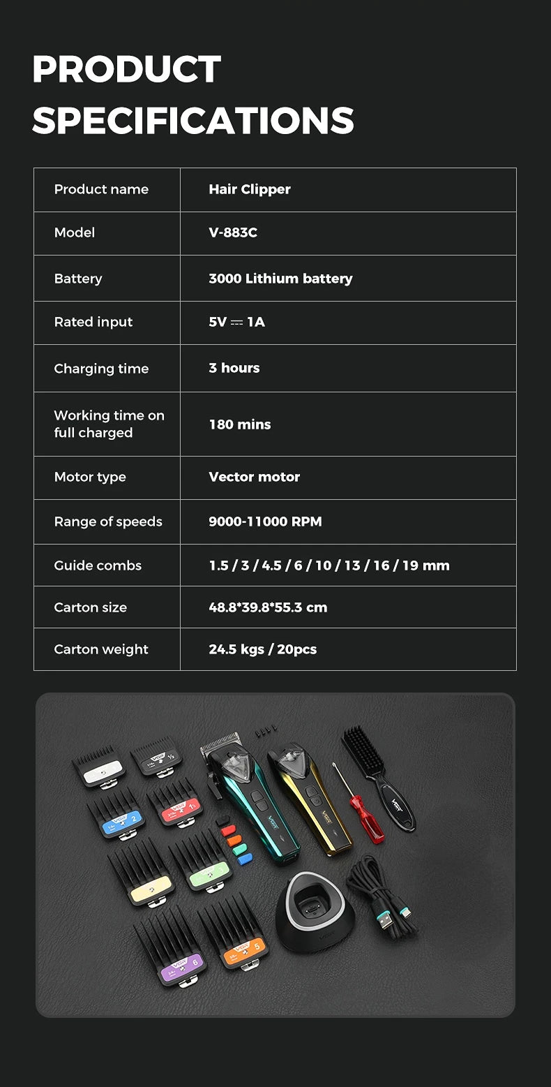 VGR Hair Trimmer Cordless Hair Cutting Machine Vector Motor 11000 RPM Electric Barber Adjustable Clipper Trimmer for Men V-883