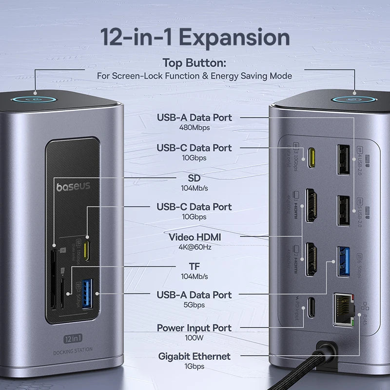 Baseus 12‑in‑1 USB‑C HUB | Dual HDMI 4K@60Hz, USB 3.2, RJ45, SD/TF, PD 100W Docking Station