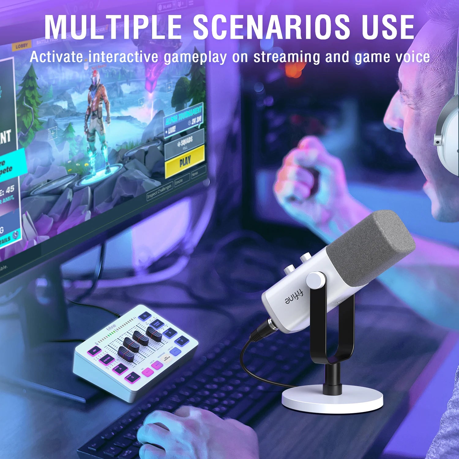 FIFINE KS5W RGB Streaming Podcast Kit | Dynamic Mic & Audio Mixer Bundle
