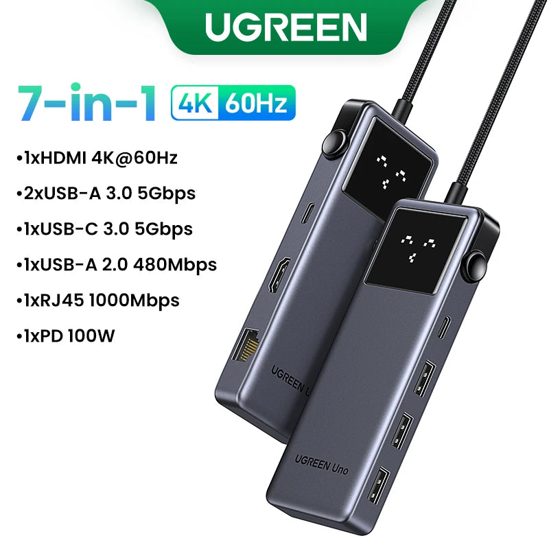 UGREEN Uno USB‑C Hub | 4K60Hz / 2K120Hz HDMI, RJ45 1000Mbps, PD100W, USB 3.0 Splitter for MacBook & Laptops