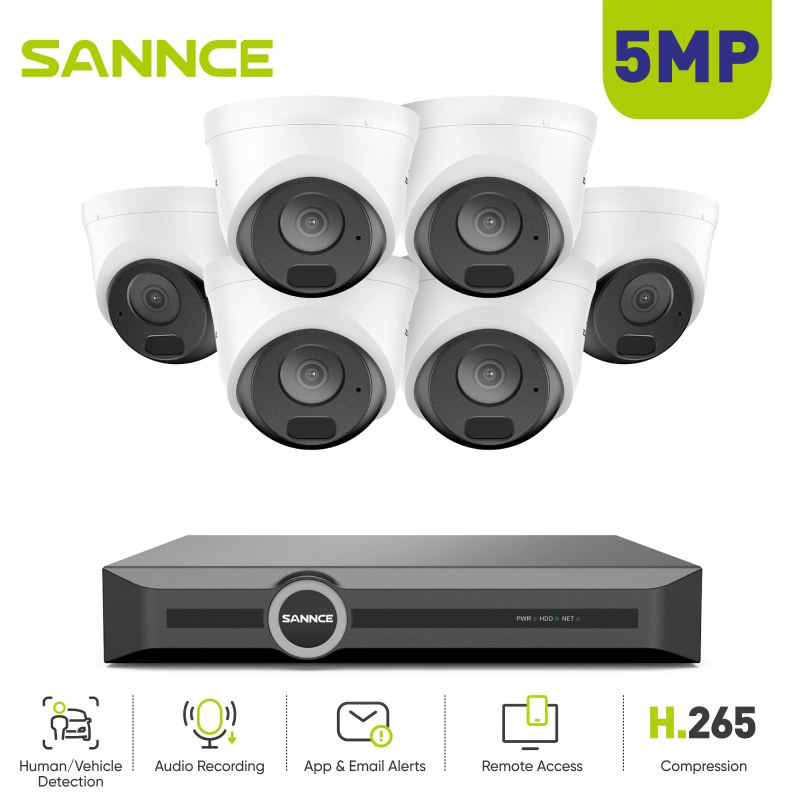 SANNCE 5MP PoE CCTV System | 8CH NVR, Audio Recording, 100ft Night Vision, Human & Vehicle Detection