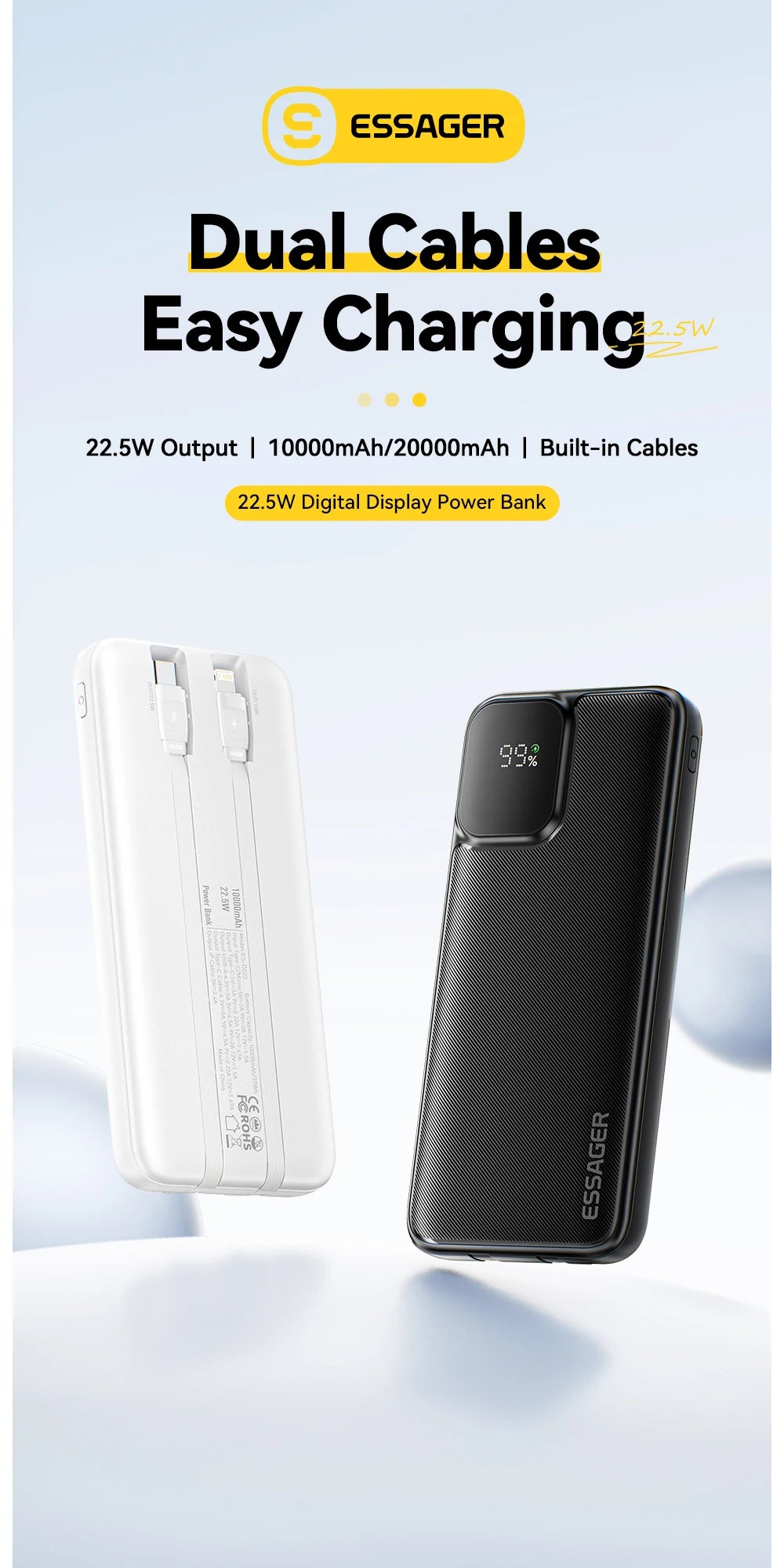 ESSAGER 20000mAh Power Bank with Two Built-in Cables 22.5W PD