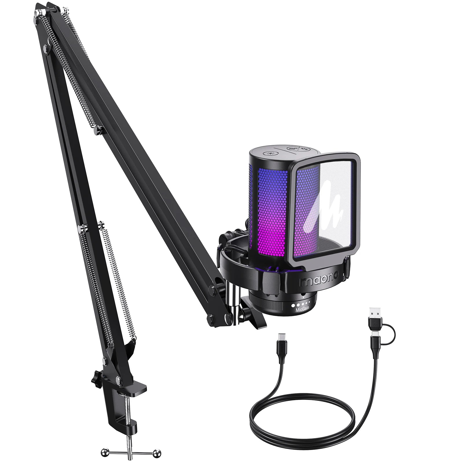 Maono DGM20S – USB Gaming Condenser Microphone | RGB Lighting, Noise Cancellation & Boom Arm for Streaming, Podcasting, YouTube & TikTok
