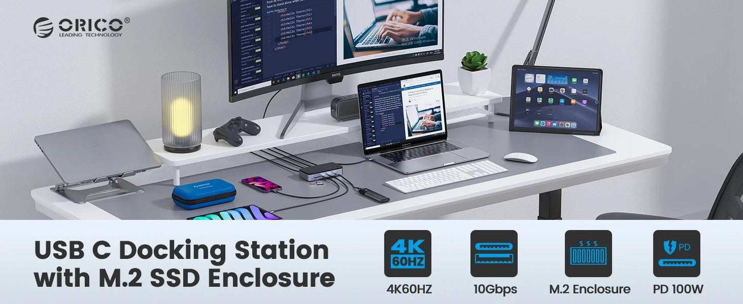 ORICO USB‑C Docking Station with M.2 NVMe/SATA SSD Enclosure (10Gbps), Cooling Fan