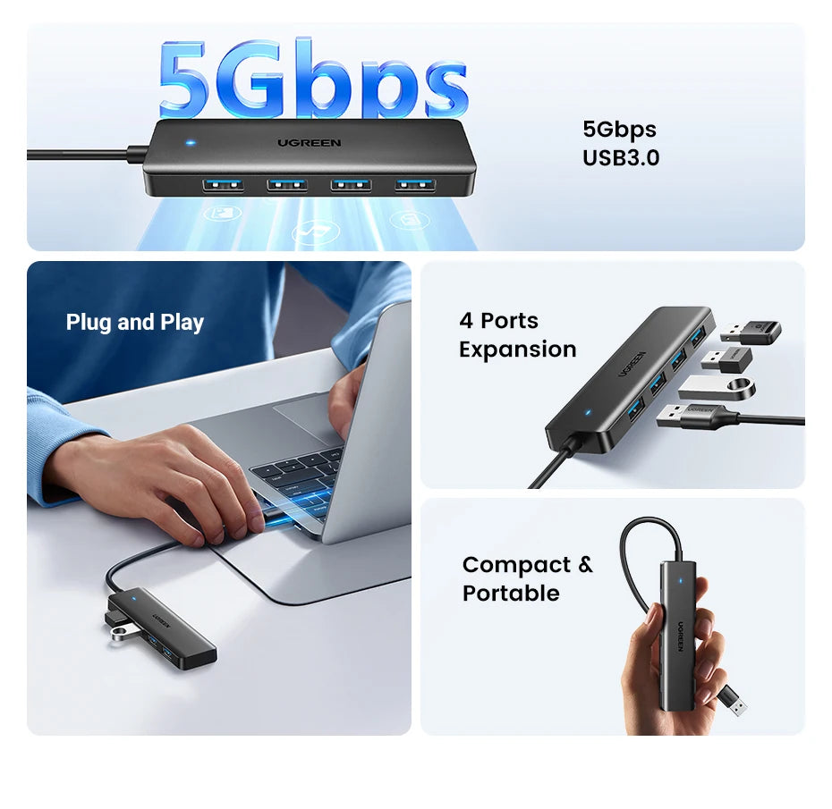 UGREEN 4‑Port USB 3.0 Hub Slim with 5Gbps Data Transfer – USB Expansion Splitter