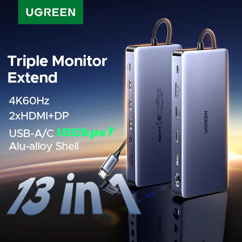 UGREEN 13‑in‑1 USB‑C Hub with Triple Display (DP 4K60Hz + Dual HDMI 4K60Hz), 10Gbps USB‑A/C