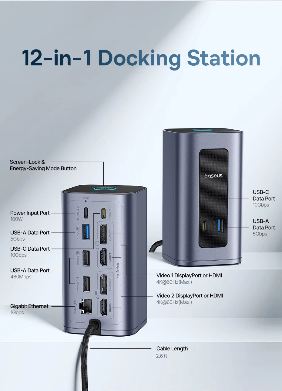 Baseus 12‑in‑1 USB‑C HUB | DisplayPort + HDMI 4K@60Hz MST, USB 3.2, RJ45, PD 100W Docking Station
