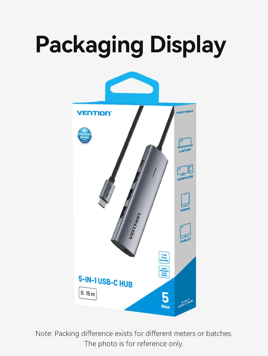 Vention USB‑C to USB‑A 4‑Port Hub | High‑Speed USB 3.0 Splitter for MacBook & Laptops
