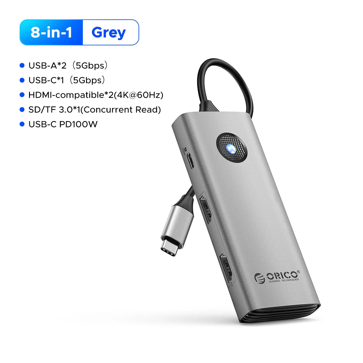 ORICO 8-v-1 zvezdišče USB-C trojna priklopna postaja z dvojnim HDMI 4K60Hz, vrati USB 3.0