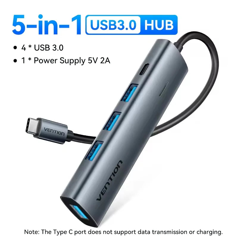 Vention USB‑C to USB‑A 4‑Port Hub | High‑Speed USB 3.0 Splitter for MacBook & Laptops