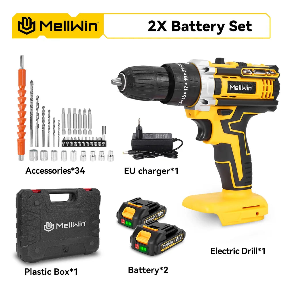MELLWIN 25+3 Torque Electric Impact Drill 2 Speed Adjustable Cordless Electric Screwdriver Power Tool For Makita 18V Battery Pin - Limetastore