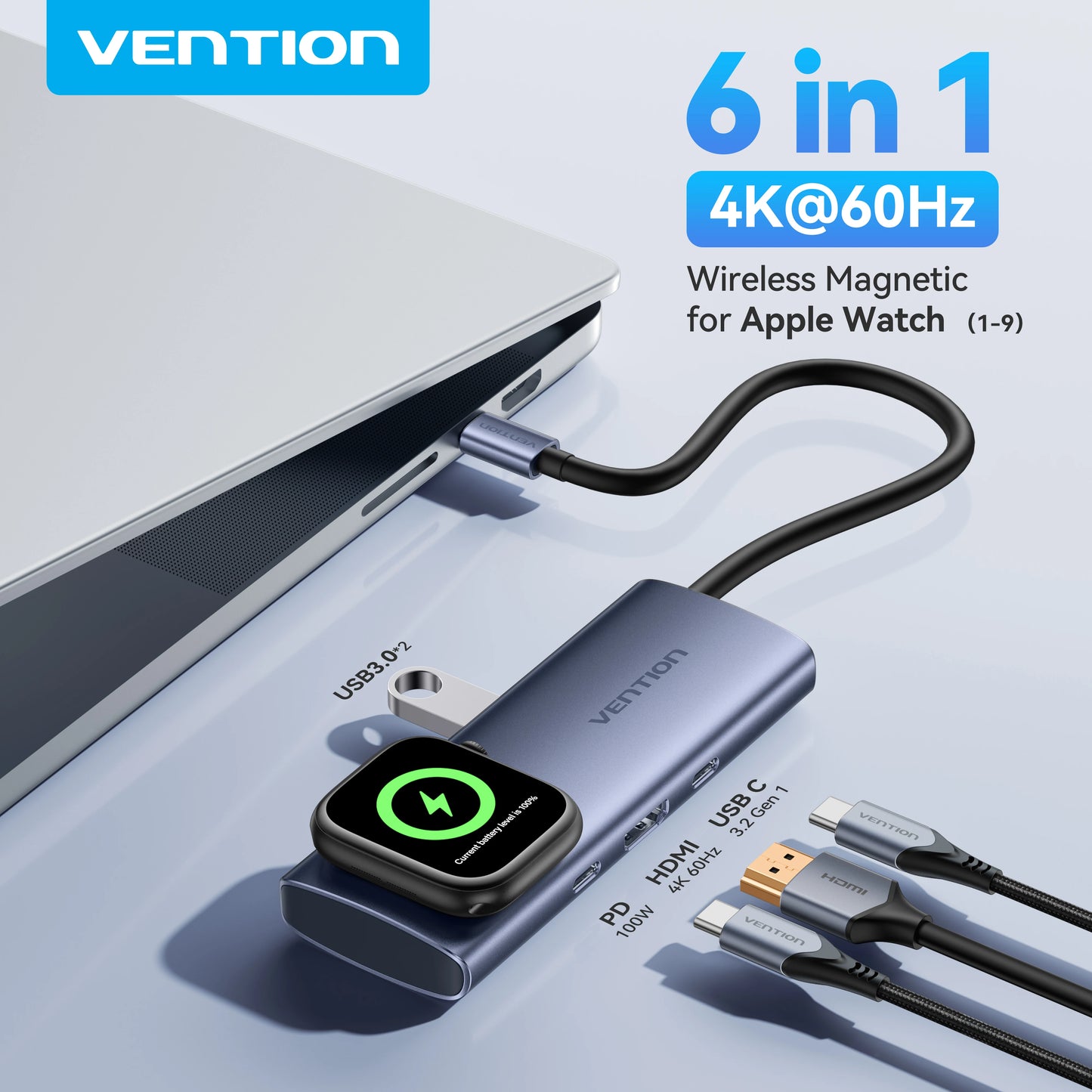 Vention USB‑C 6‑in‑1 Hub | 4K60Hz HDMI, PD 100W, USB 3.0, Apple Watch Wireless Charger