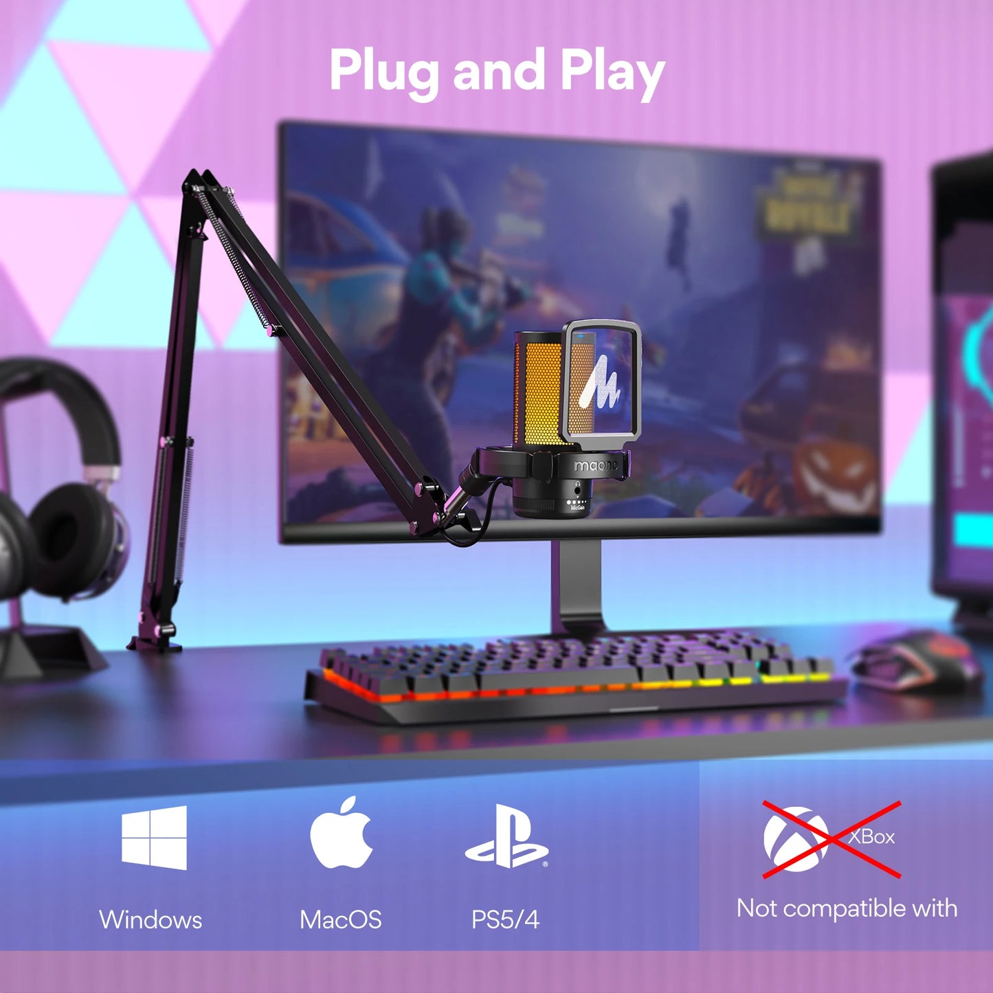 Maono DGM20S – USB Gaming Condenser Microphone | RGB Lighting, Noise Cancellation & Boom Arm for Streaming, Podcasting, YouTube & TikTok