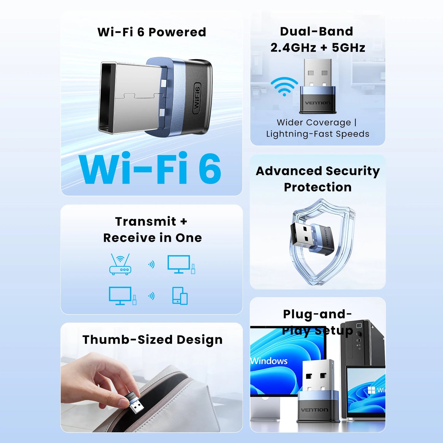 Vention WiFi 6 AX900 USB Adapter | Dual‑Band 2.4/5GHz Wireless Dongle for Windows PC & Laptop