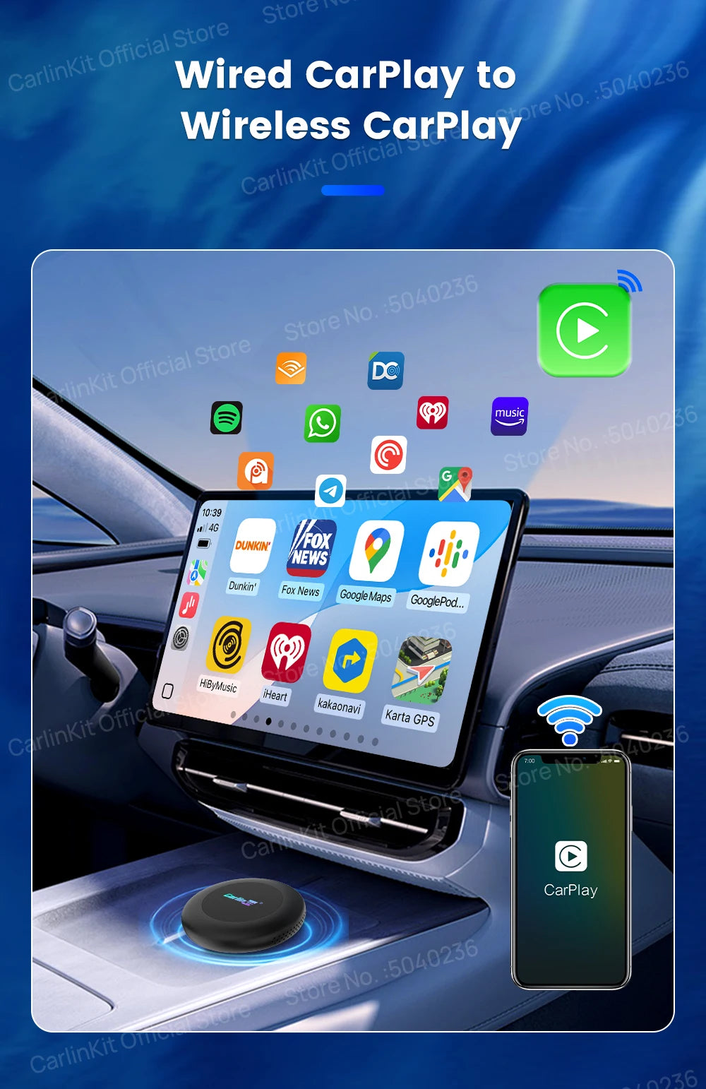 CarlinKit Android 15 SM6350 8+128GB Wireless CarPlay AI Box