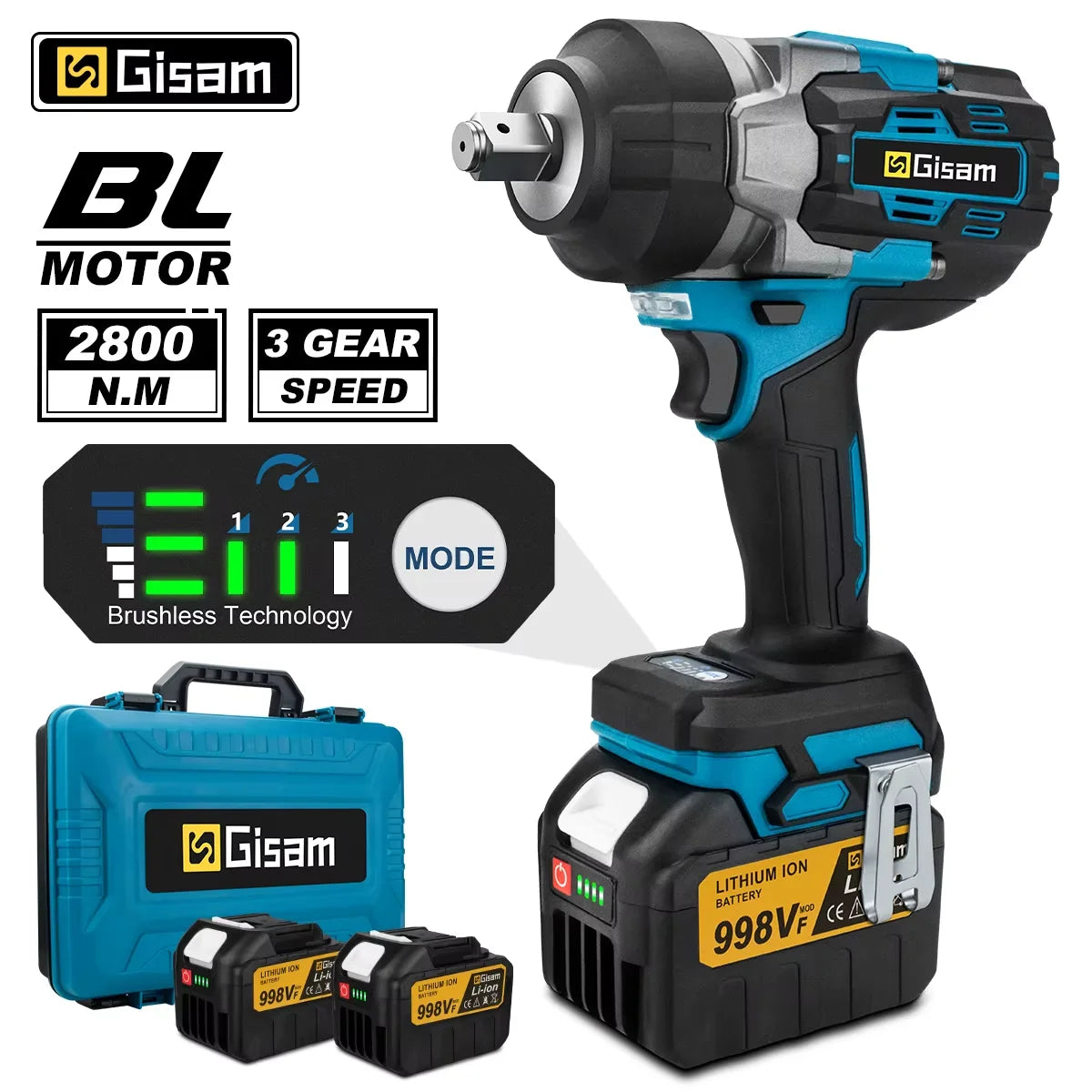 Gisam 2800N.m Brushless Impact Wrench 1/2" for Makita 18V