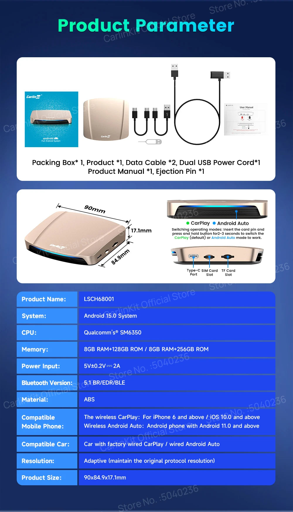 CarlinKit Tbox‑Ultra Android 15 8+128GB Wireless CarPlay AI Box