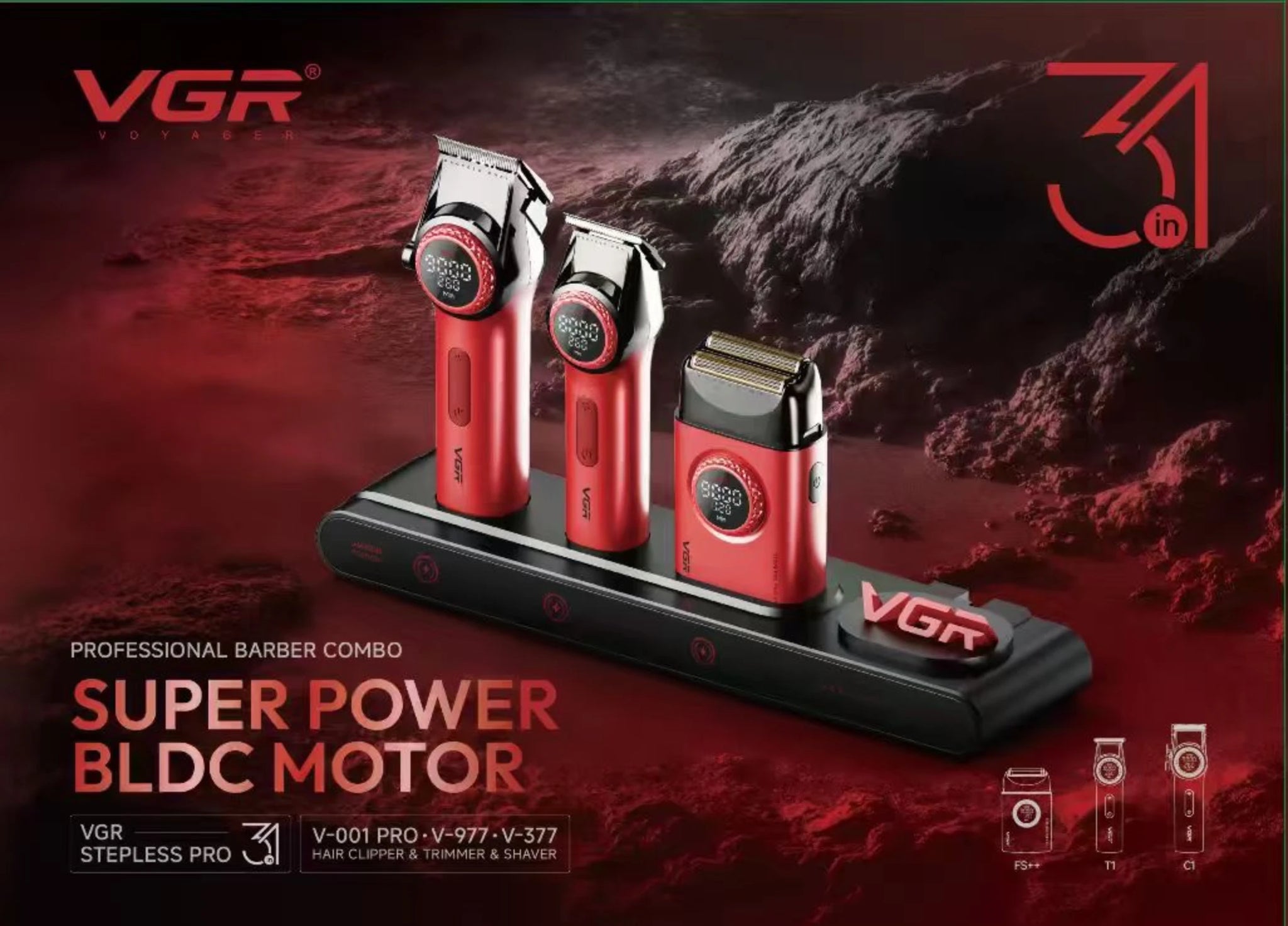 VGR Hair Trimmer Professional Hair Cutting Machine Electric Barber Cordless Clipper Stepless Pro 3 in 1 Shaver Trimmer for Men