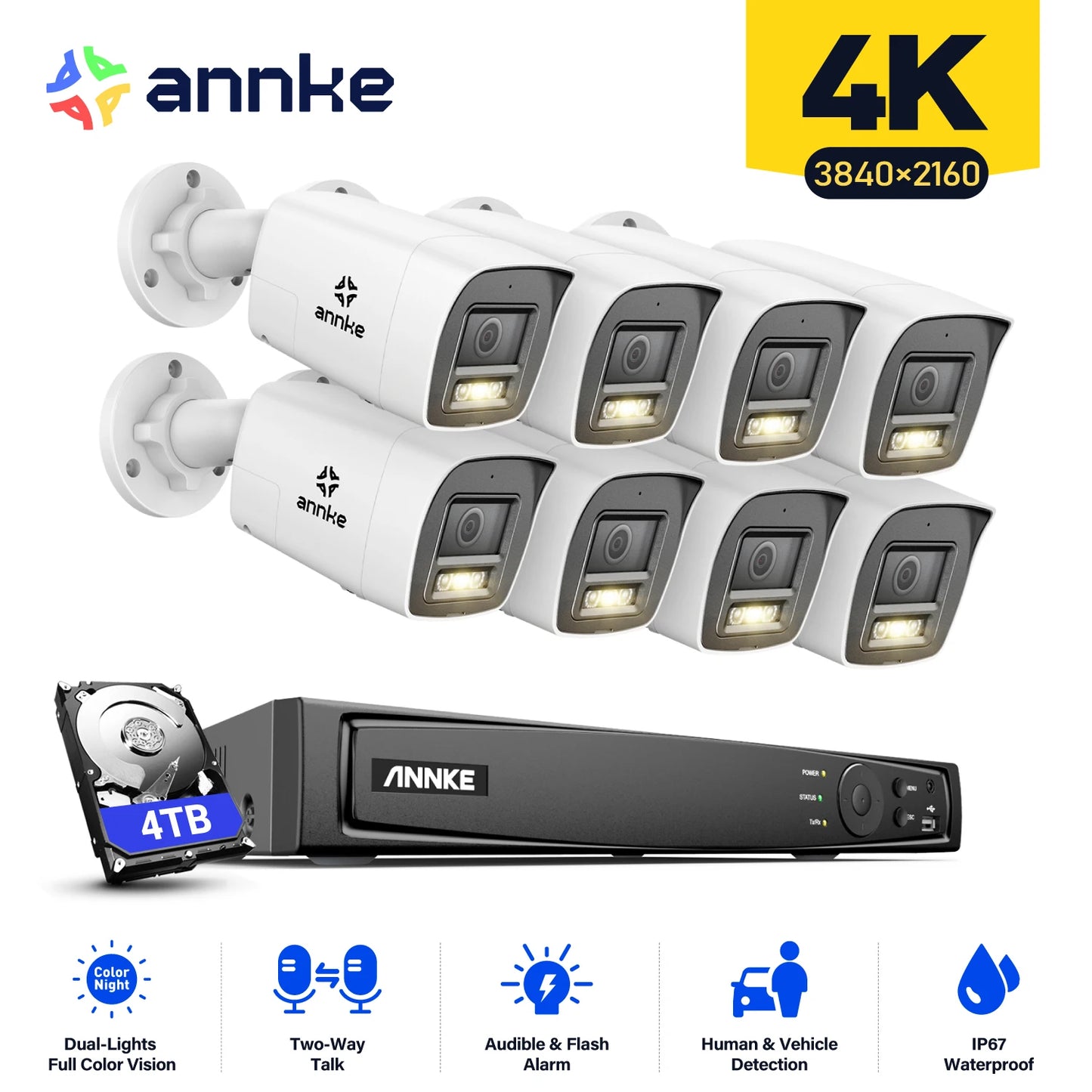 ANNKE 4K 8MP PoE CCTV System | 8CH NVR, Two‑Way Audio, Human & Vehicle Detection, 4mm Lens