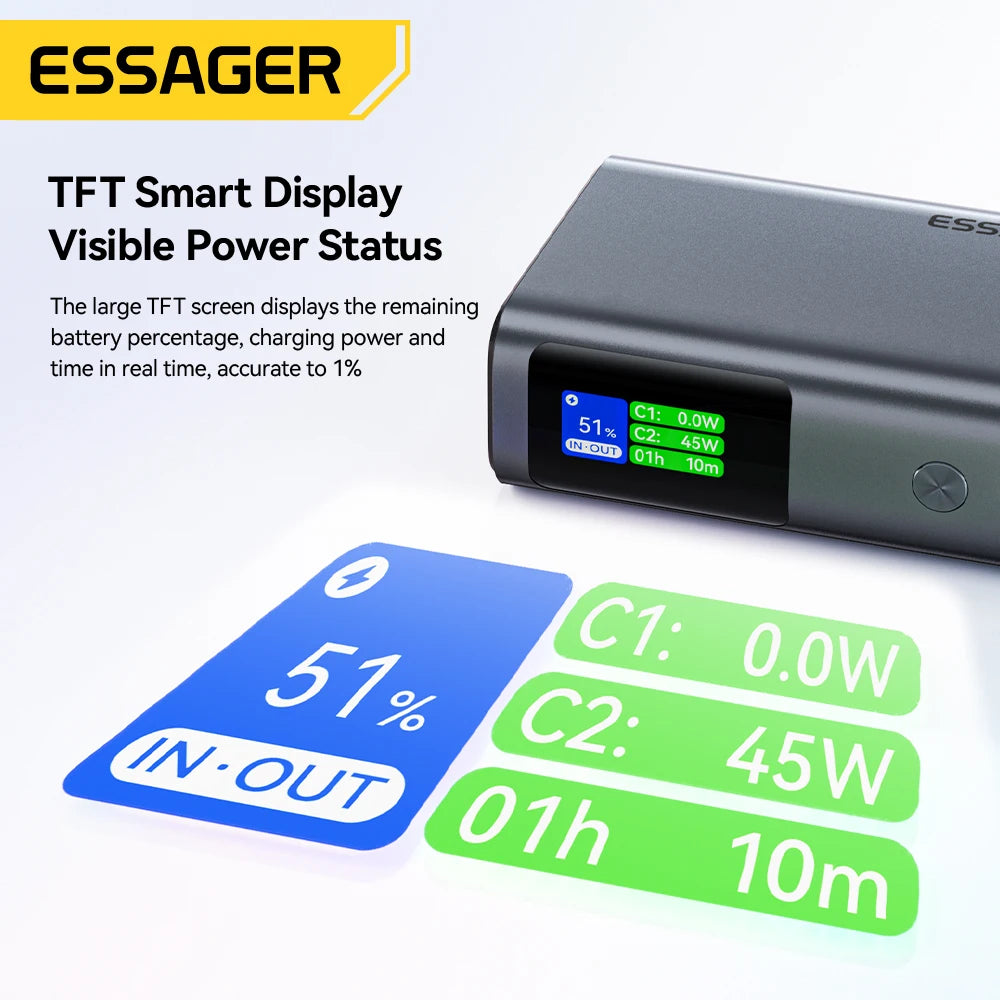 ESSAGER 45W Power Bank 10000mAh with Built-in USB-C Cable