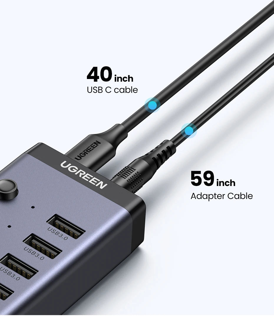 UGREEN 7‑Port USB 3.0 Hub with Individual Power Switches, 5Gbps High‑Speed Data