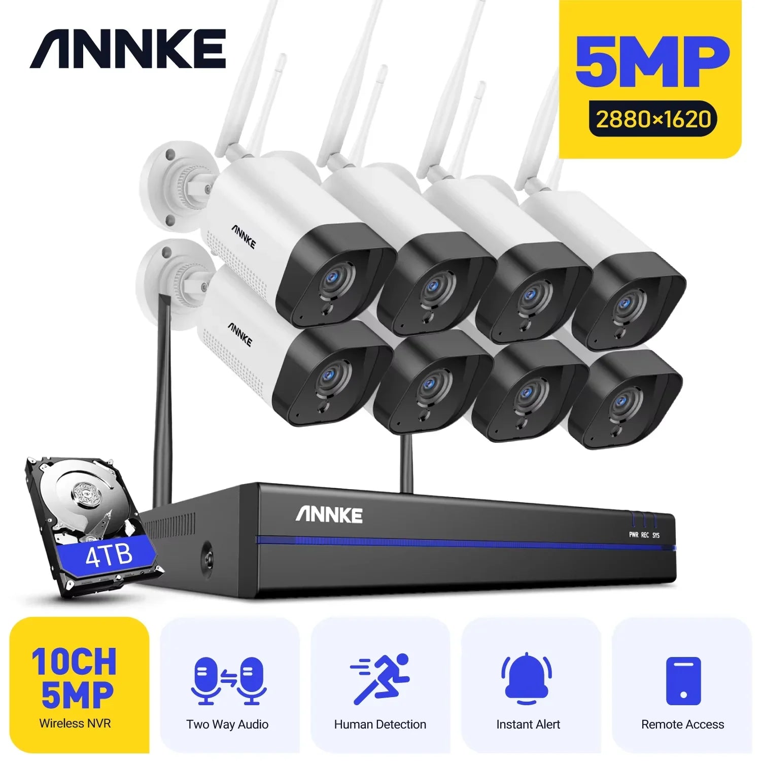 ANNKE WAS500 5MP Wireless CCTV System | 8CH NVR, Two‑Way Audio, 3.6mm WiFi Cameras