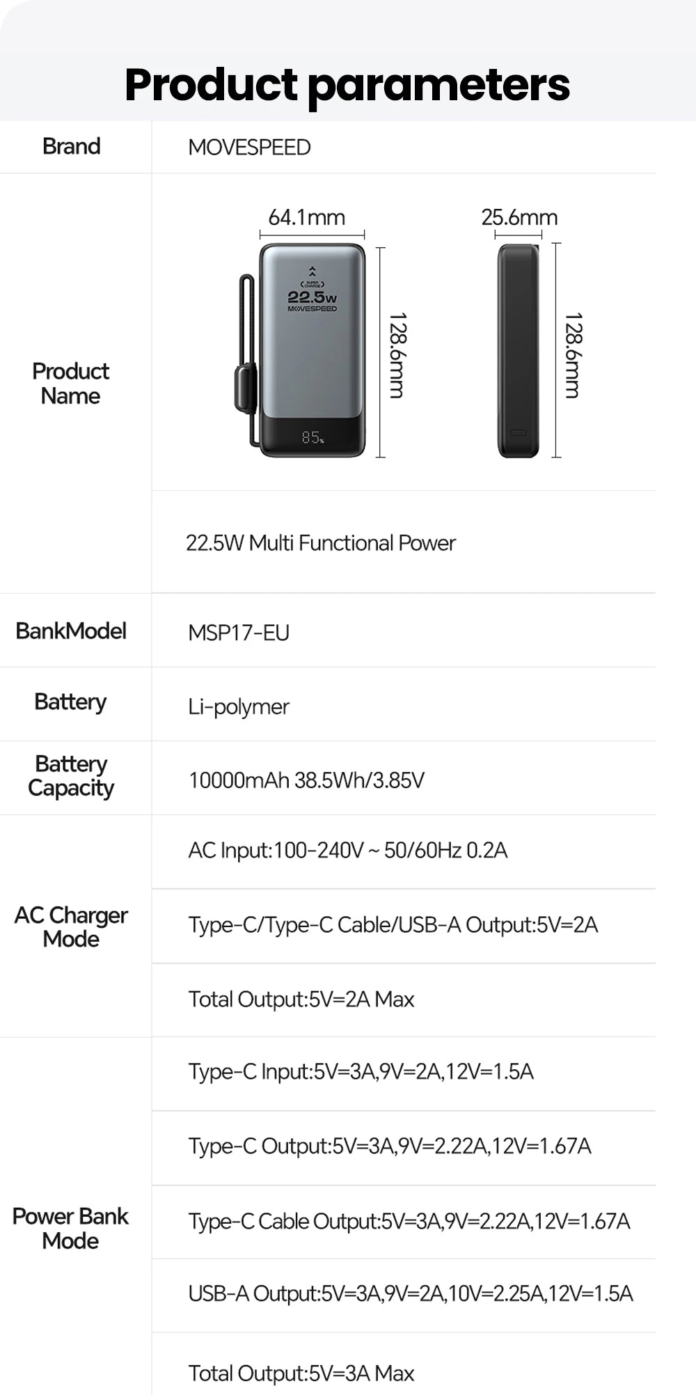 MOVESPEED MSP17 Power Bank 10000mAh 2-in-1 with Folding EU Plug