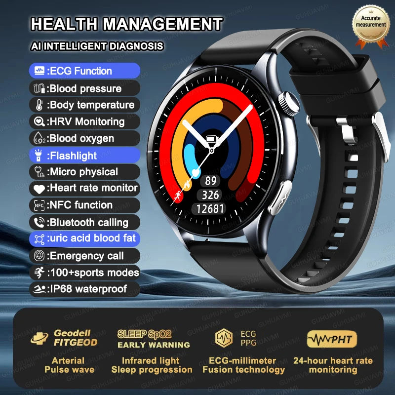 2025 New BMI Body Fat Blood Analysis Health Smartwatch NFC Bluetooth Call Smart Watch Led Flashlight Outdoor Sports Clock's Men - Limetastore