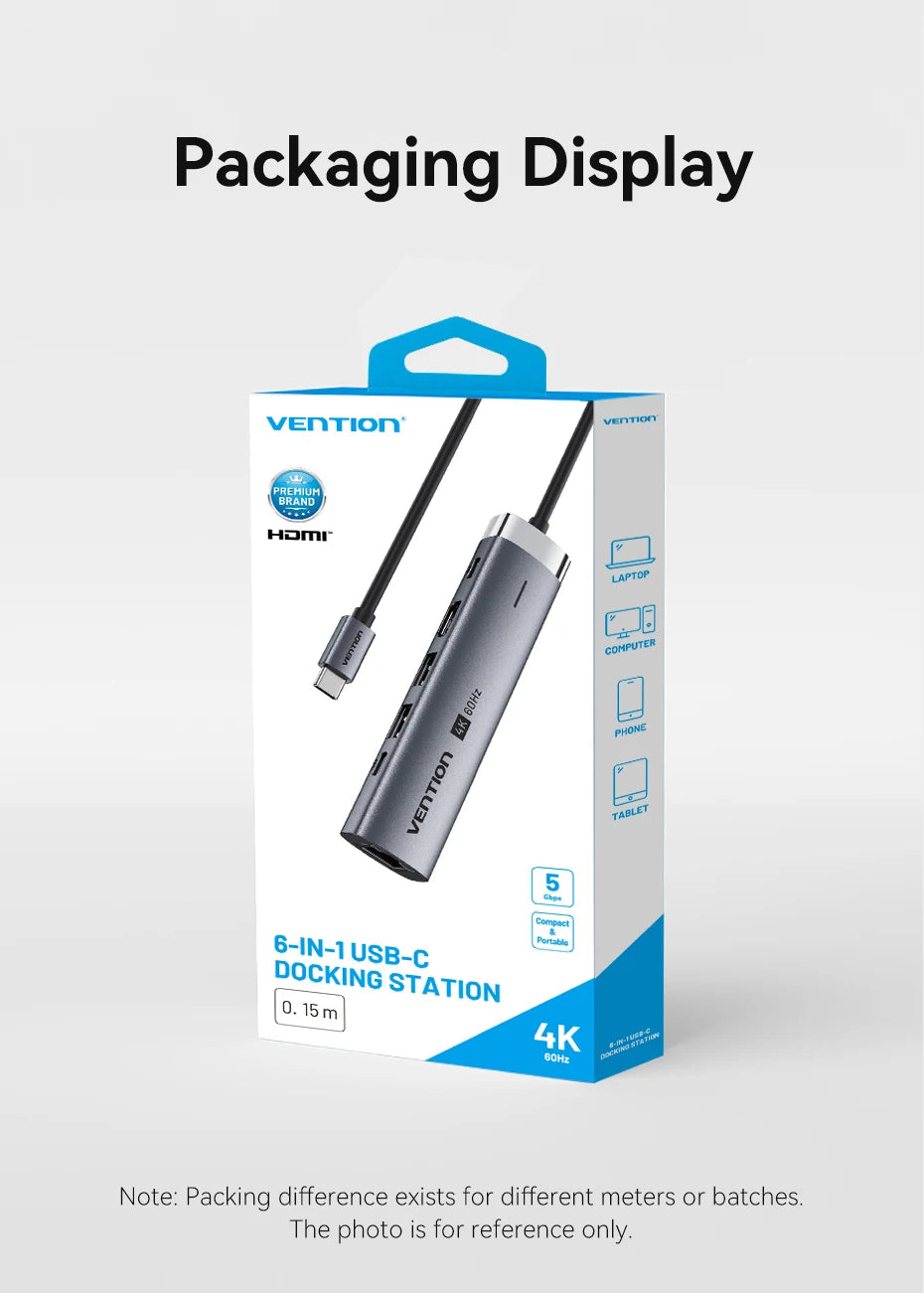 Vention USB‑C 6‑in‑1 Hub | HDMI 4K, PD 100W, RJ45, USB 3.0 Docking Station