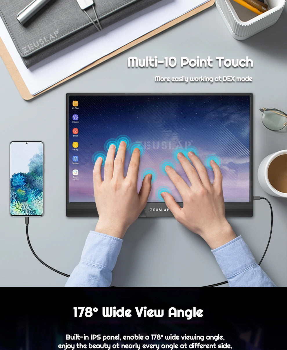 ZEUSLAP 15.6" Portable Touch Monitor | FHD 1080P IPS, USB‑C & HDMI, Laptop & Phone
