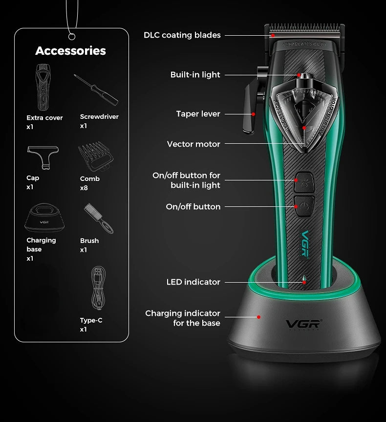 VGR Hair Trimmer Professional Hair Cutting Machine Vector Motor Hair Clipper 11000 RPM Barber Cordless Trimmer for Men V-883 S2