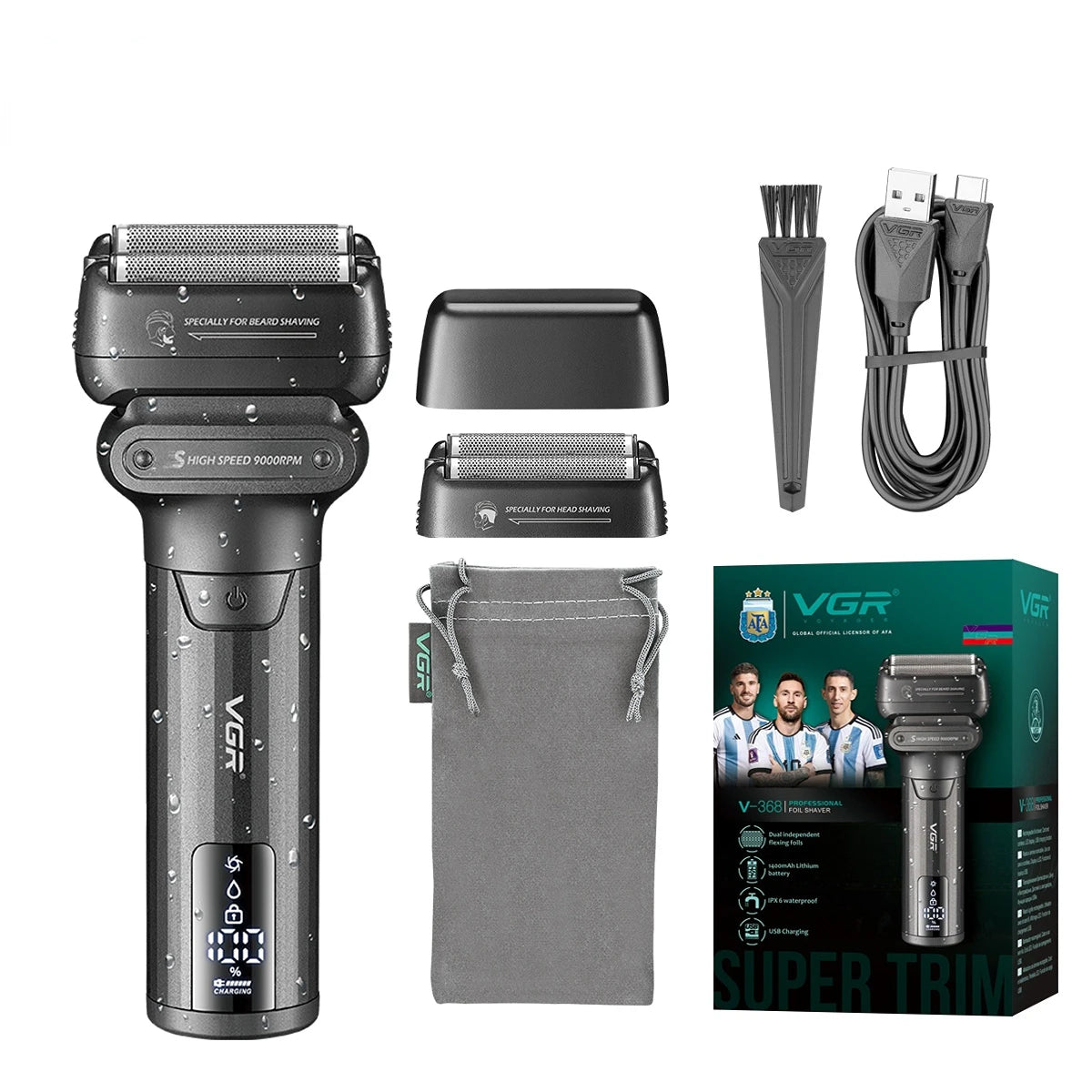 VGR Shaver Professional Beard Trimmer Waterproof Razor 9000 RPM Electric Shaving Machine Reciprocating LED Shaver for Men V-368