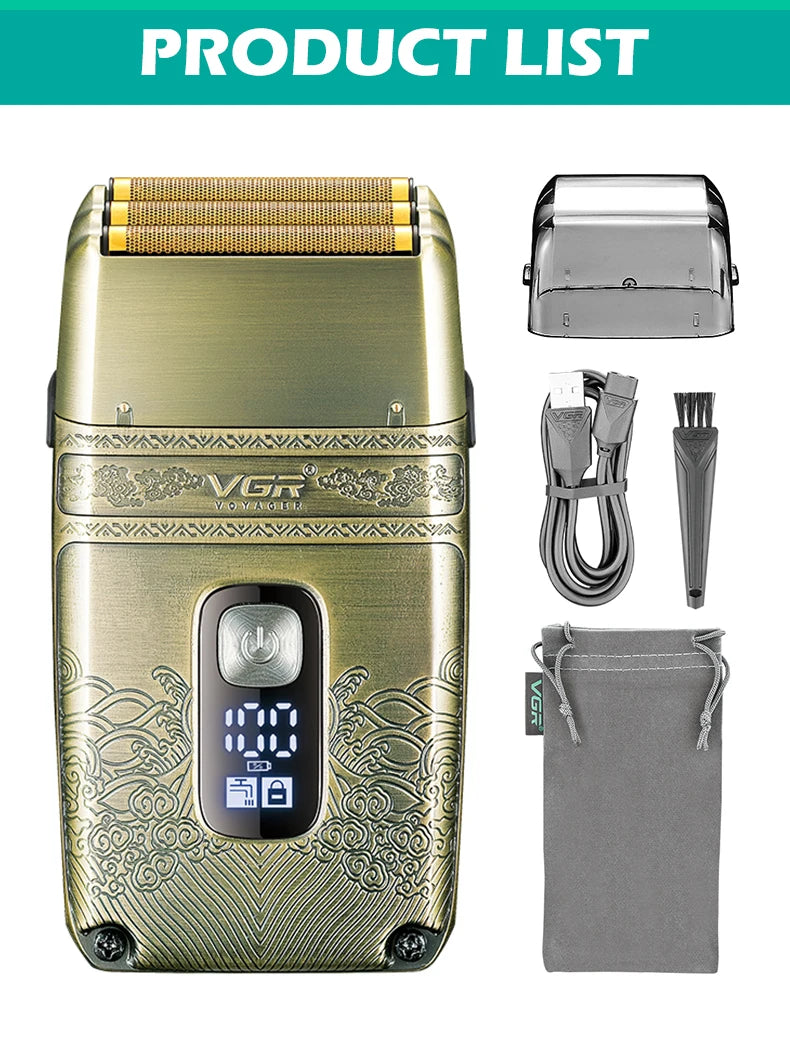 VGR Electric Shaver Professional Shaver Metal Beard Trimmer Titanium Blade Triple Foil Shaver for Bald Head LED Display V-335