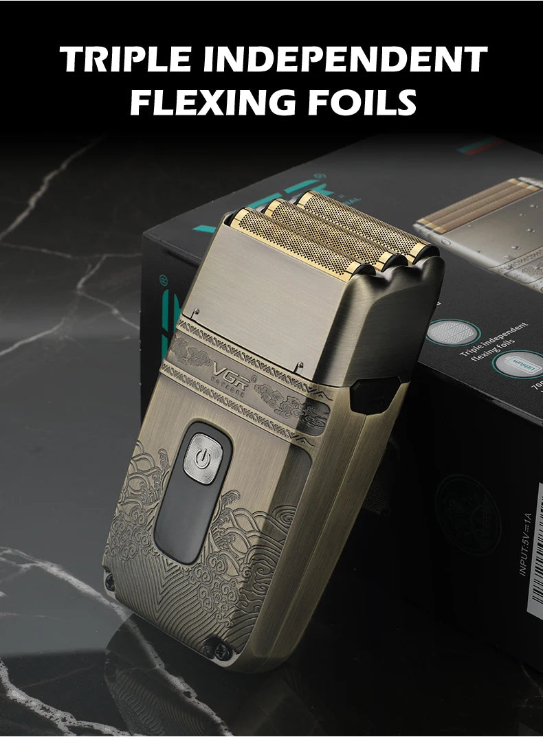 VGR Electric Shaver Professional Shaver Metal Beard Trimmer Titanium Blade Triple Foil Shaver for Bald Head LED Display V-335