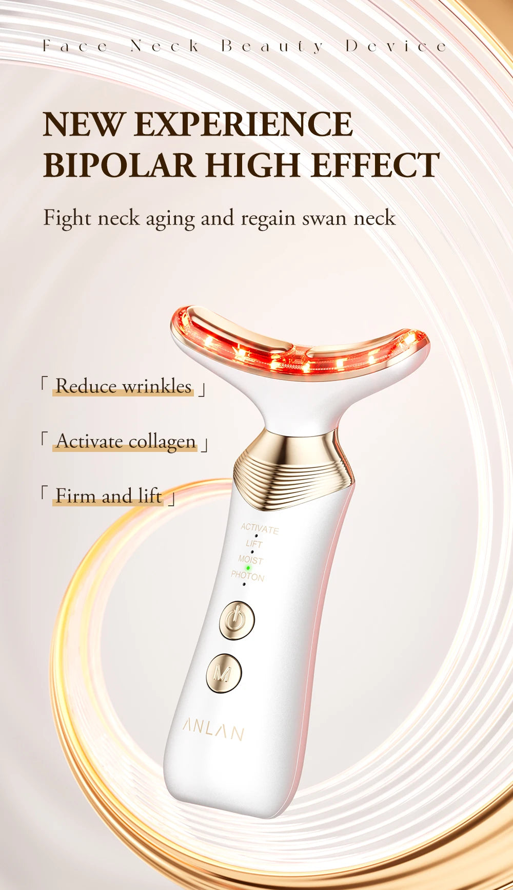 ANLAN Dual‑Polar Neck Device | EMS, 5‑Color Photon, 24K Gold, Anti‑Aging & Lifting