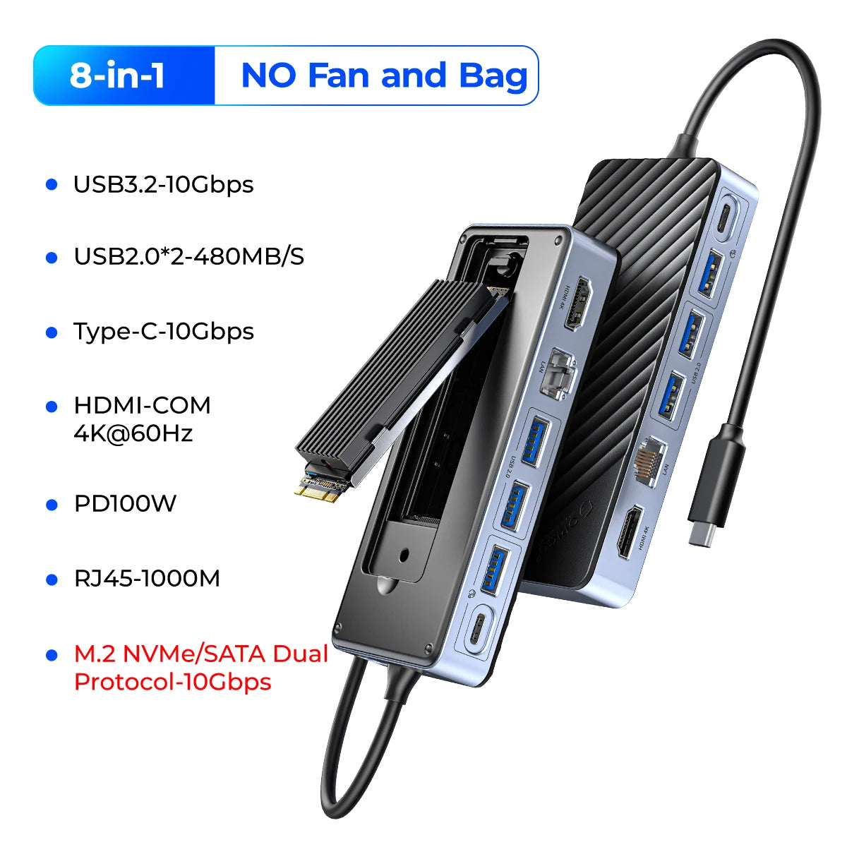 ORICO USB‑C Hub with Cooling Fan, M.2 NVMe/SATA SSD Enclosure