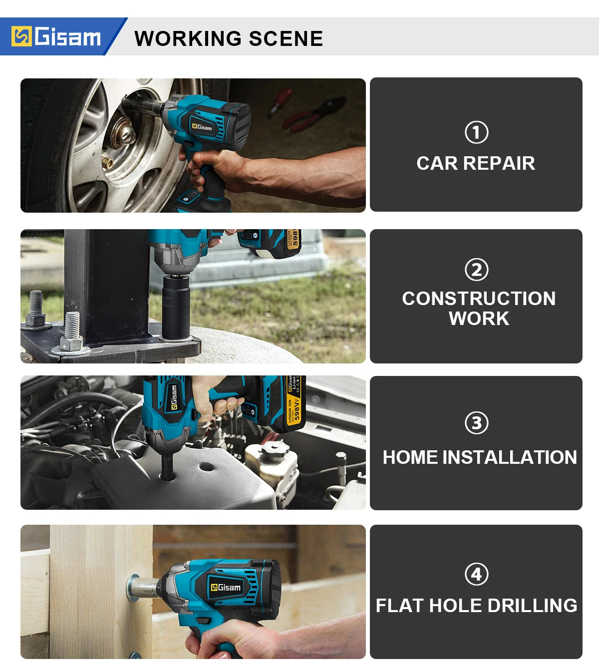 Gisam 1200N.m Torque Brushless Electric Impact Wrench 1/2 inch Cordless Wrench Screwdriver