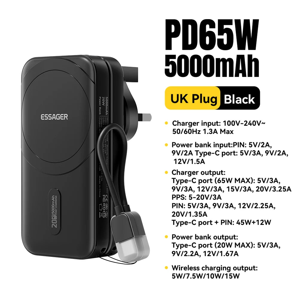 ESSAGER 3-in-1 Magnetic 65W GaN Charger Power Bank 5000mAh
