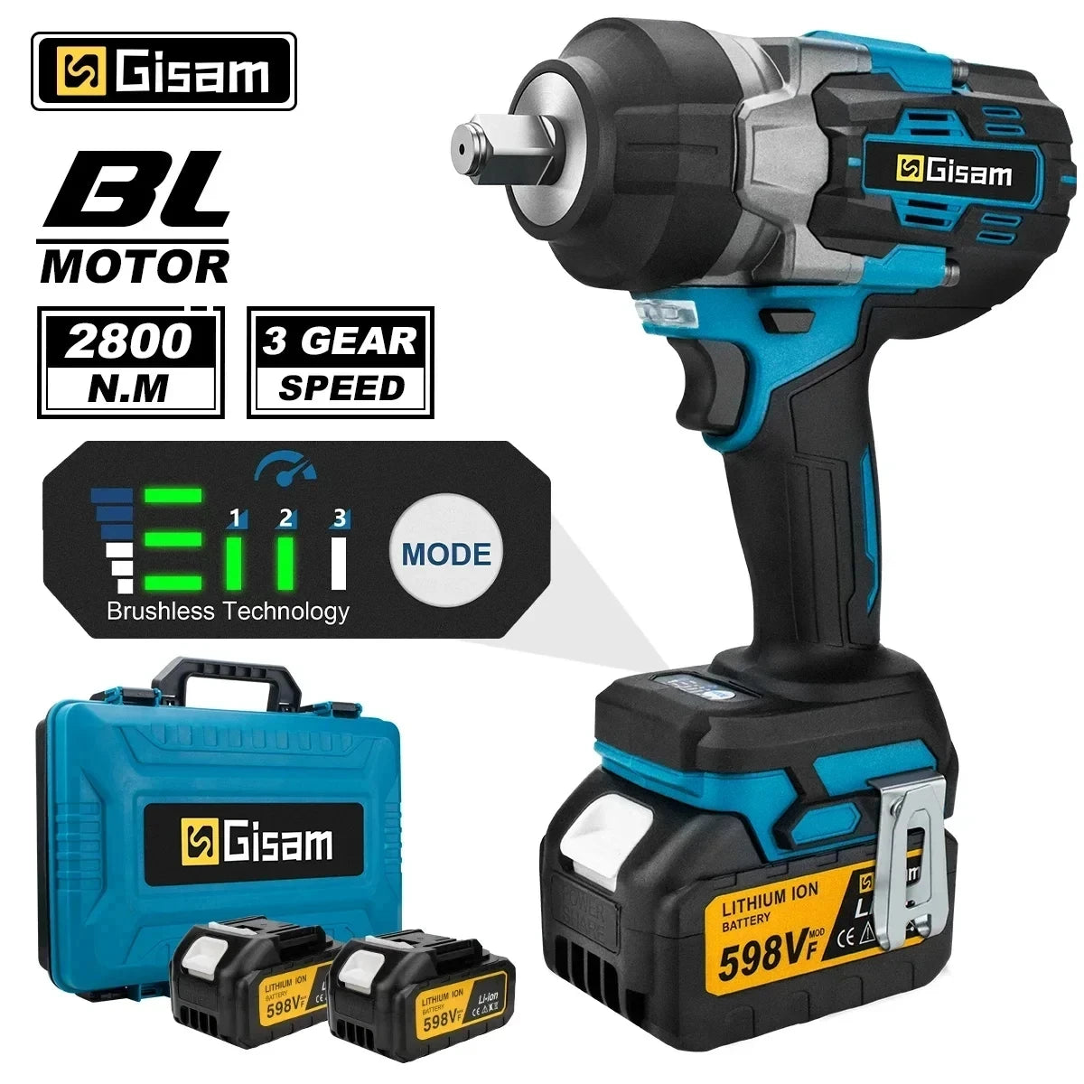 Gisam 2800N.m Brushless Impact Wrench 1/2" for Makita 18V