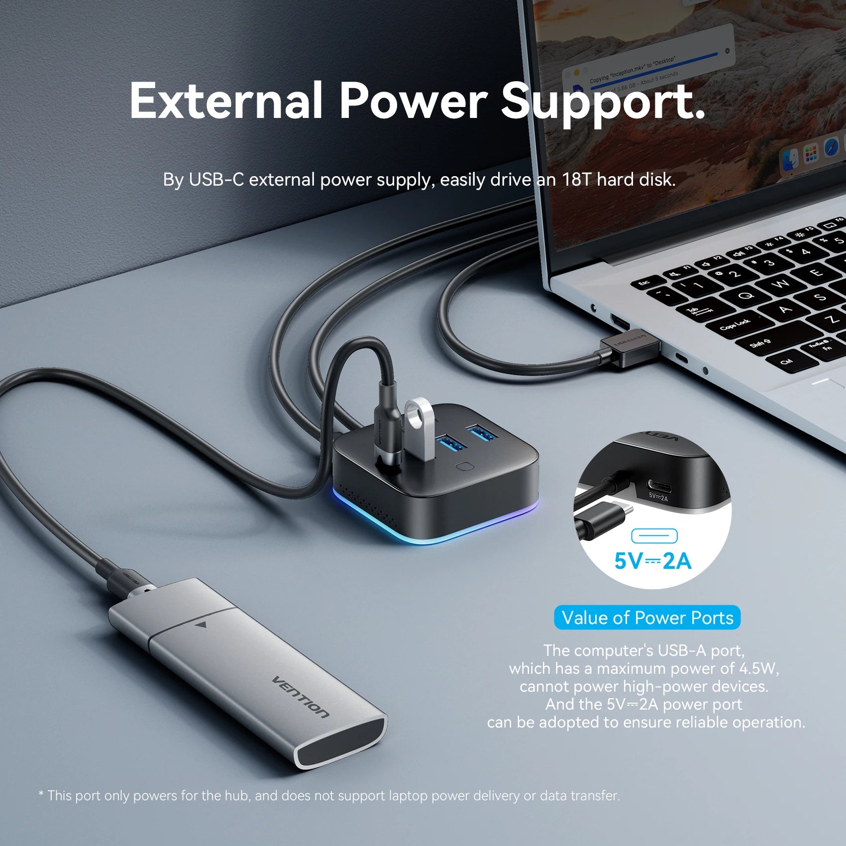 Vention USB 3.0 / USB‑C 3.2 Gen1 RGB Hub | 4‑Port 5Gbps Desktop Splitter for PC & Laptop